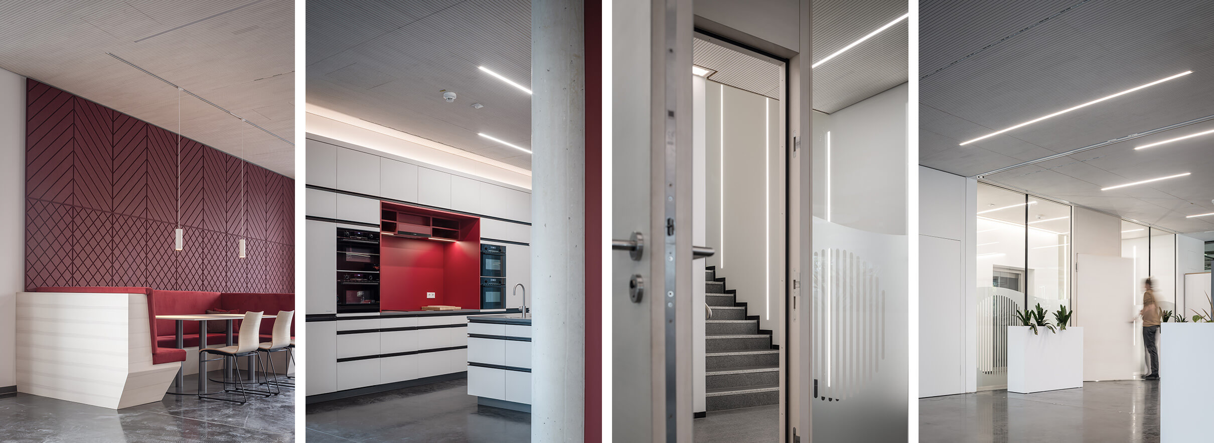 Ausschnitte des Verwaltungsgebäudes der Hammerbacher GmbH: links die Kantine mit roten kunstvollen, schönen Wandpanelen, davor Sitzbänke dick in rot gepolstert, weiße Tische und weiße Stühle, daneben ein Ausschnitt der Küche – auch in Rot und Weiß gehalten, er folgt ein Ausschnitt mit einem Blick ins Treppenhaus durch die Türzarge hindurch, sowie in den Bereich vor dem Besprechungsraum. Die Deckenbeleuchtung sehen aus wie weiße Linien in die Betondecke eingelassen.